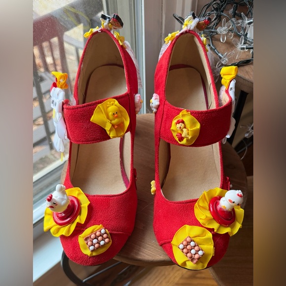 Artisan Custom Adorned Pumps Shoes - Custom/Handmade Whimsical Red, Yellow, and white Chicken Themed Mary Jane Pump
